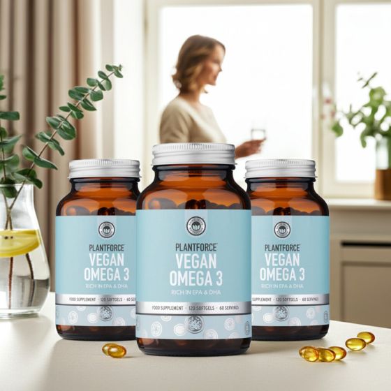 Plantforce Vegan Omega-3 Algae Oil bottles (3 × 120 softgels pack)